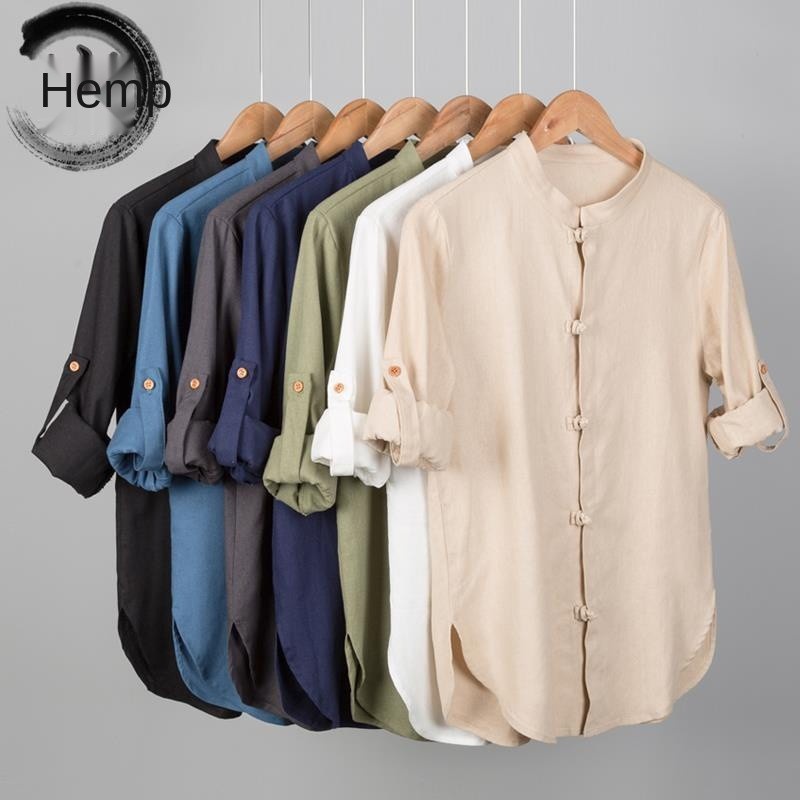 Áo Sơ Mi Cotton Lanh Thoáng Khí Tay Dài Cổ Đứng Cài Khuy Kiểu Trung Hoa Thời Trang Mùa Hè Cho Nam