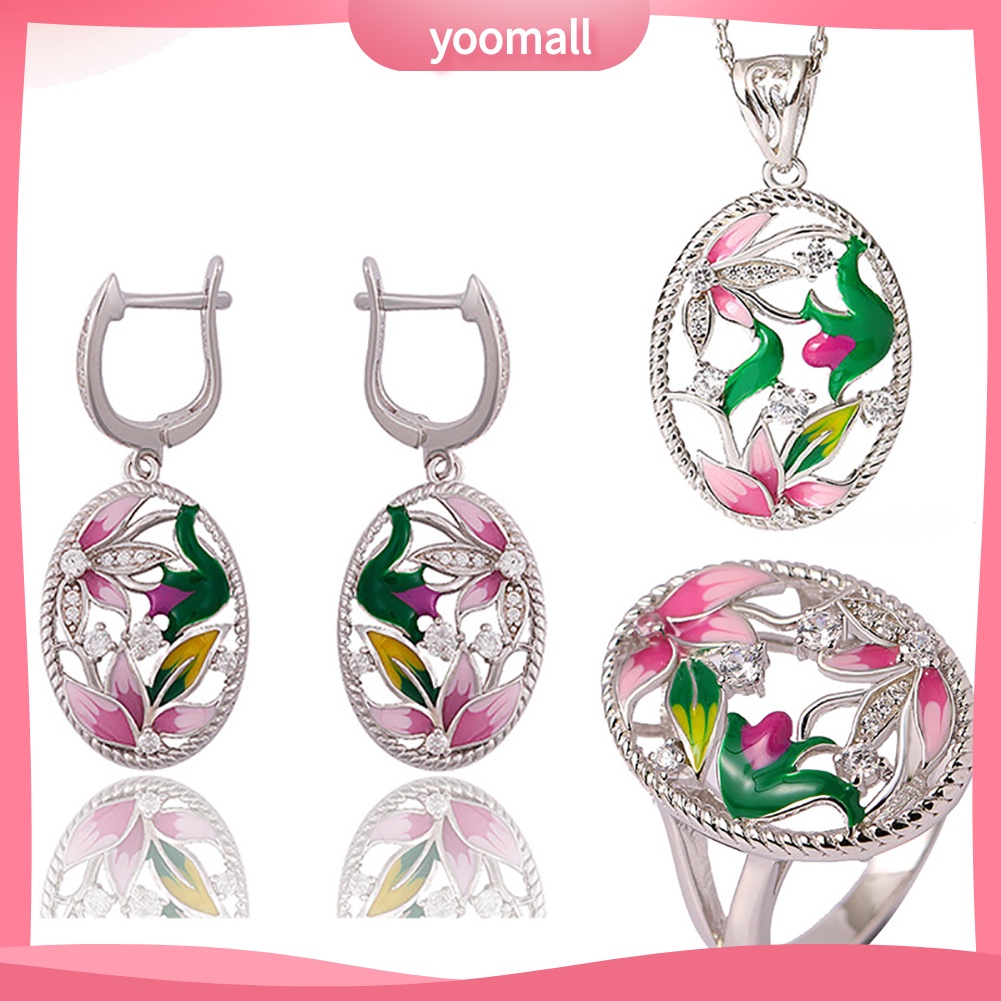 Đôi bông tai và vòng đeo cổ họa tiết hoa lá hình oval dễ thương cho nữ