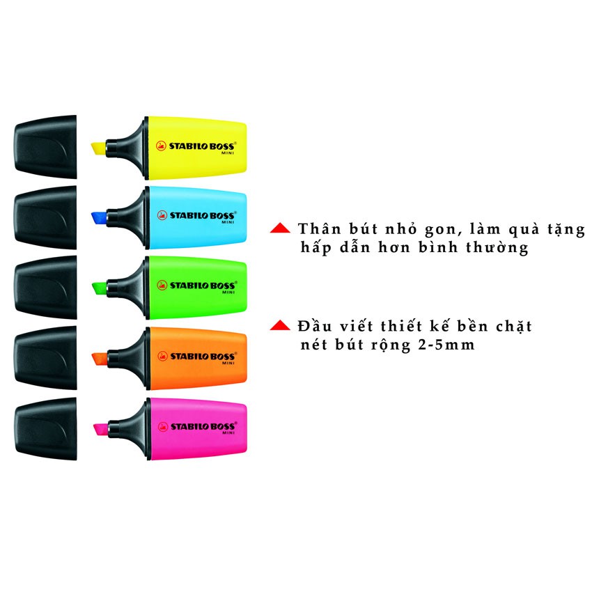 Hộp 10 cây bút dạ quang STABILO BOSS MINI HL07 (Vàng, Xanh lá, Cam, Xanh dương, Hồng)