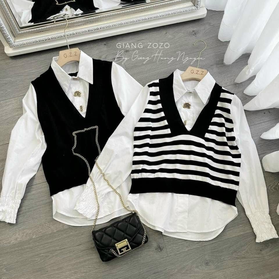 Áo sơ mi cặp zip pha màu phối xinh