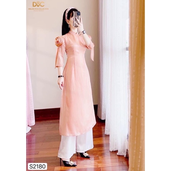 S2180 - áo dài tay hoa hồng quần trắng
