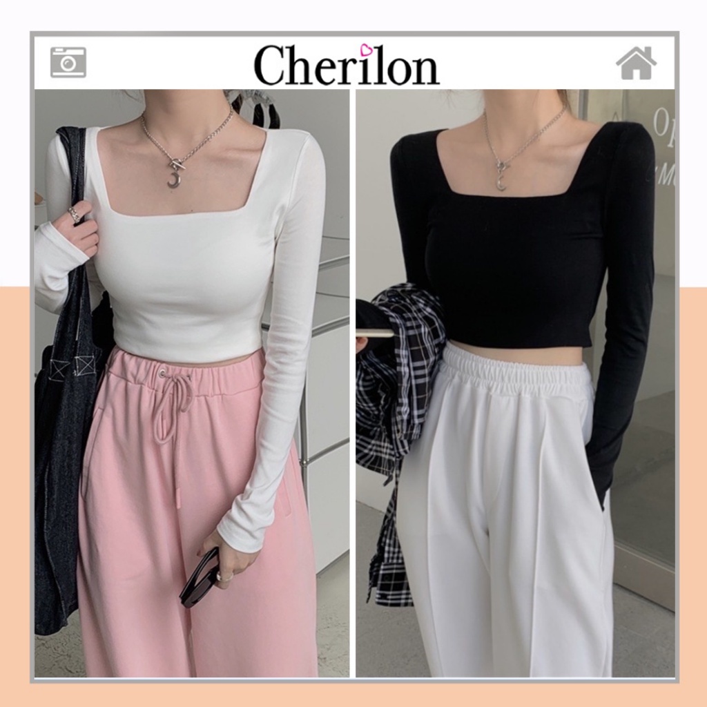 Áo Thun croptop nữ tay dài ôm body cổ vuông cherilon siêu tôn dáng - AD06