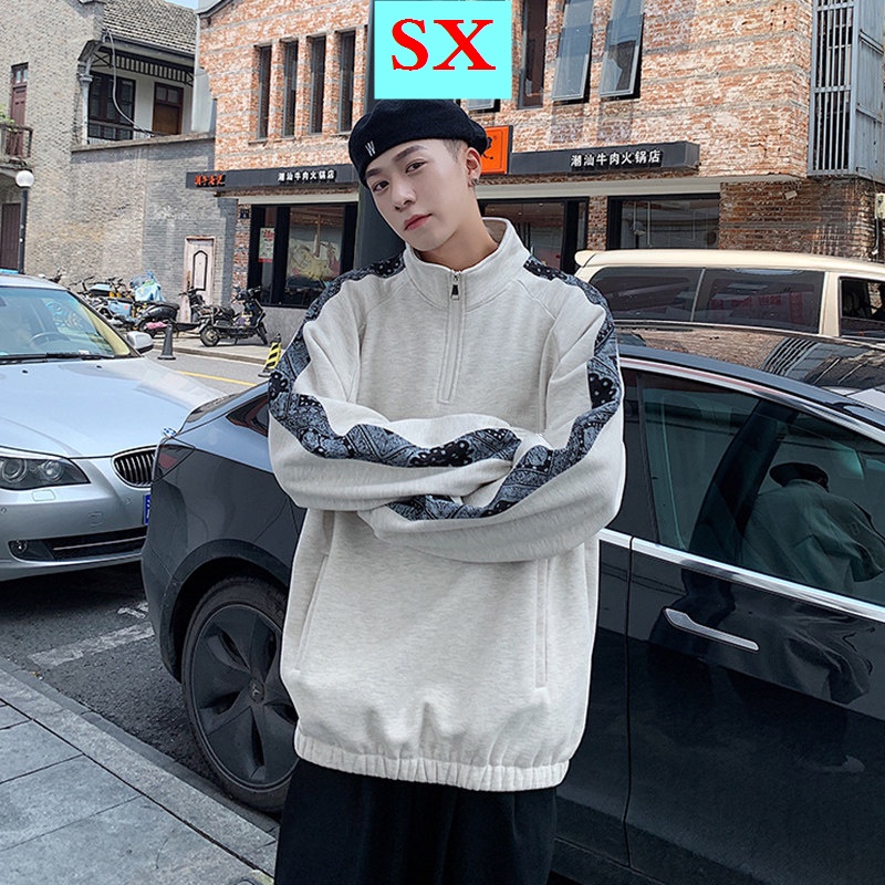 Áo khoác sweater cổ cao dáng rộng phối khóa kéo nửa thời trang xuân thu cho nam