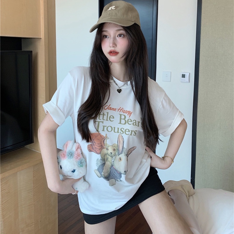 Áo Thun Tay Ngắn Cổ Tròn Dáng Rộng Vải Cotton In Hình Gấu Dễ Thương