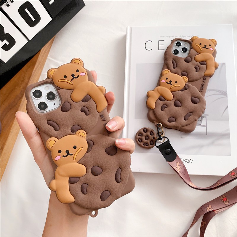 Ốp điện thoại Silicone Mềm In Hình Gấu 3d Kèm Dây Đeo Cho Iphone 13 12mini 12 pro max 11 Pro Max X Xr Xs Max 7 8 6 6s Plus