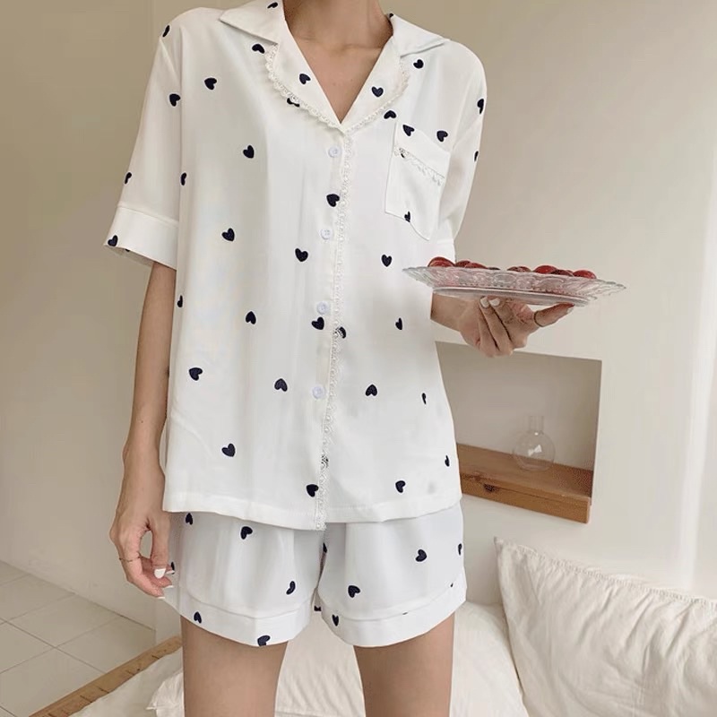 Bộ Ngủ, Set Đồ Mặc Nhà Pijama Nữ Dáng Côc Xinh Xắn Hình Trái Tim