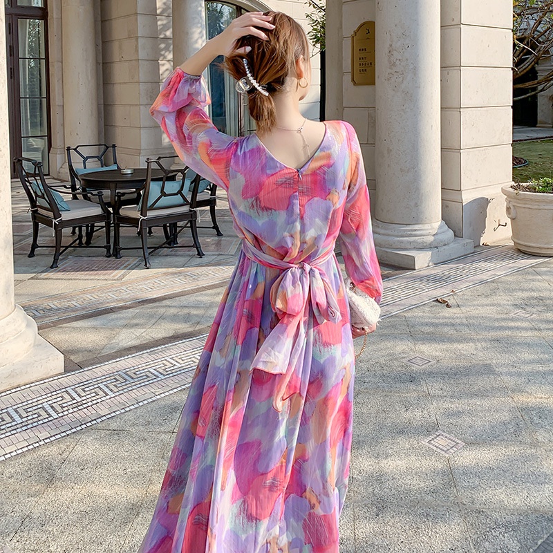 IELGYĐầm Voan Chữ A Tay Dài Nhấn Eo Cổ Chữ V In Họa Tiết Thời Trang Kiểu Pháp Cho Nữ