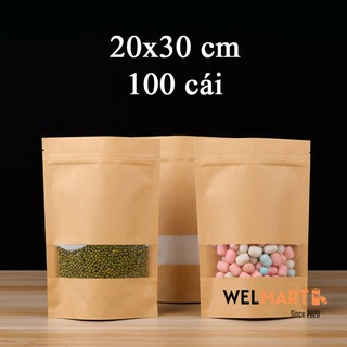 20x30cm 100 Túi Zipper Giấy kraft đáy đứng, cửa sổ tràn viền, đựng được nước,chống ẩm, túi zip giá rẻ