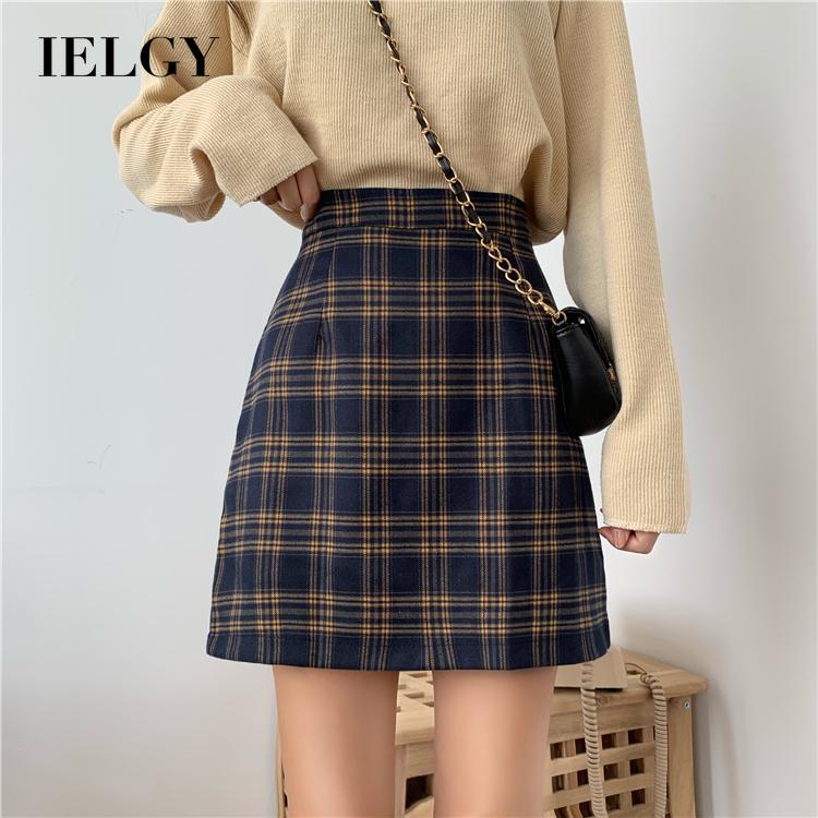 IELGY Chân Váy Chữ A Lưng Cao Họa Tiết Kẻ Sọc Màu Đen Thời Trang Cho Nữ