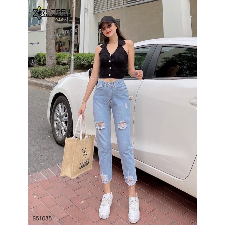 Quần Jean Nữ Baggy Rách Gối Màu Xanh Đẹp Hàng Cao Cấp B51035