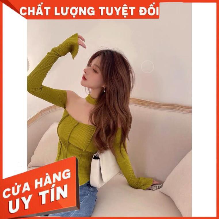 ĐẸP ĐỘC LẠ Áo len gân nữ tay dài xẻ cúp ngực cổ dây yếm vạt tà xéo chéo bẹt bệt vai SIÊU HOT