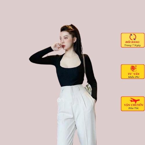Áo len gân nữ dài tay cổ vuông ôm body mùa thu đông ulzzang Hàn Quốc công sở