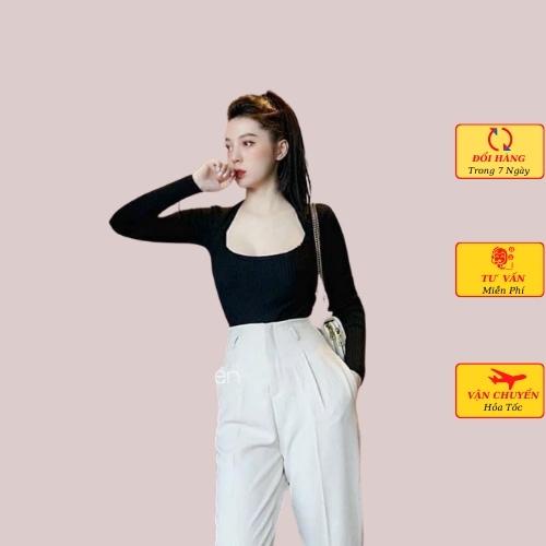 Áo len gân nữ dài tay cổ vuông ôm body mùa thu đông ulzzang Hàn Quốc công sở