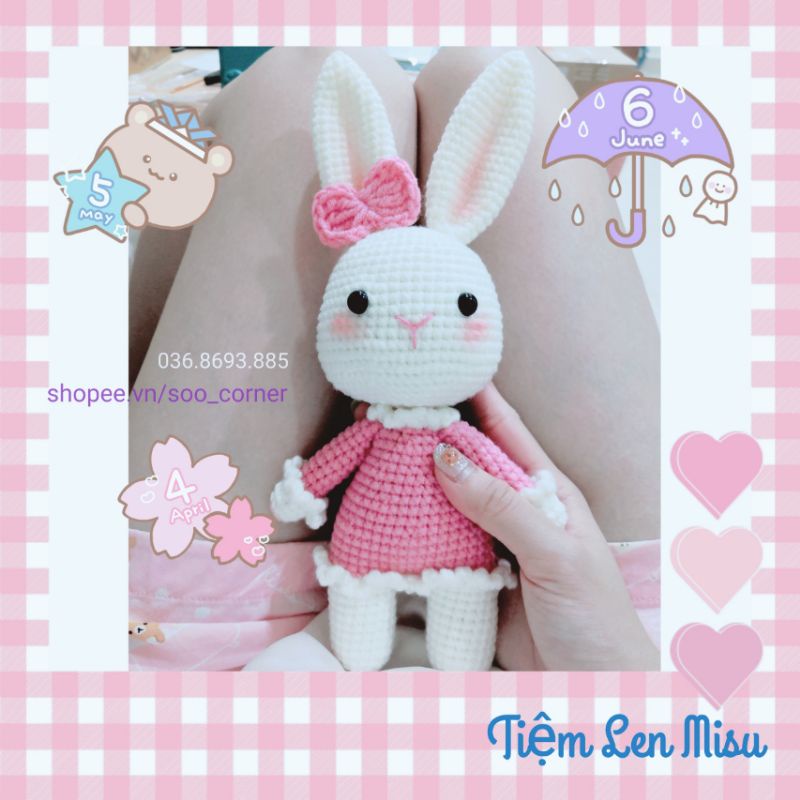 Thỏ Bunny Amigurumi Nhồi Bông Váy Hồng Len Móc Xinh Xắn