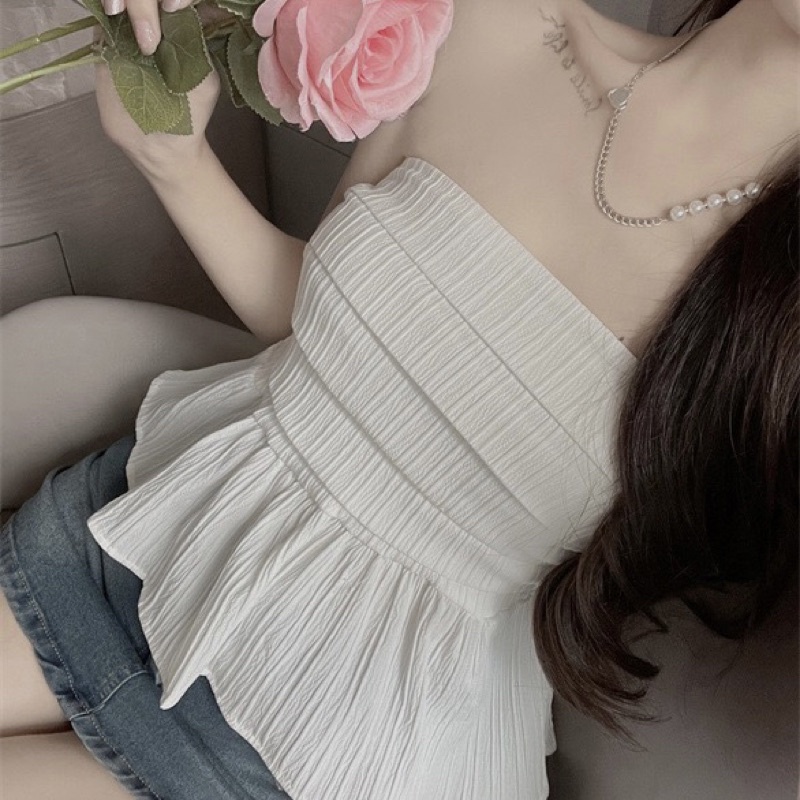 Áo Ống Cúp Ngực Xếp Ly Phối Bèo Bo Chun Sau, Áo Quây Ngực Croptop Kiểu Dáng PepLum