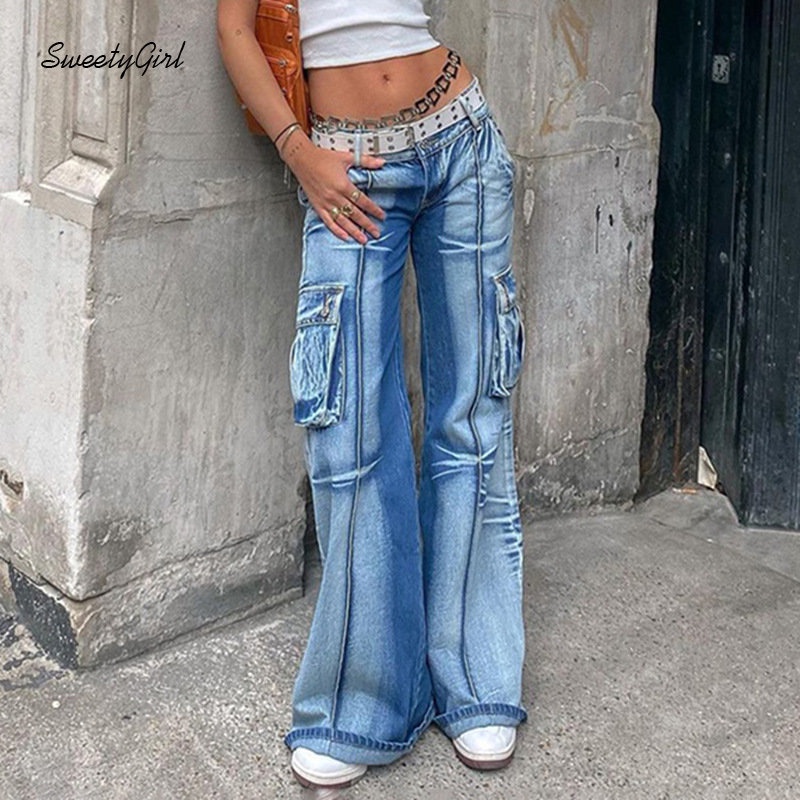 Quần Jeans Denim Lưng Thấp Dáng Rộng Phối Túi Phong Cách Retro Thời Trang 2022 Dành Cho Nữ