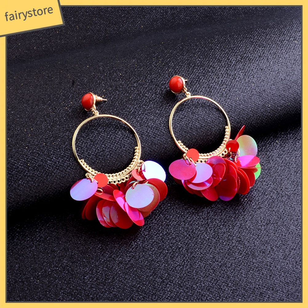 Bông tai dạng tua rua vảy kim loại phong cách Bohemian thời trang dành cho nữ