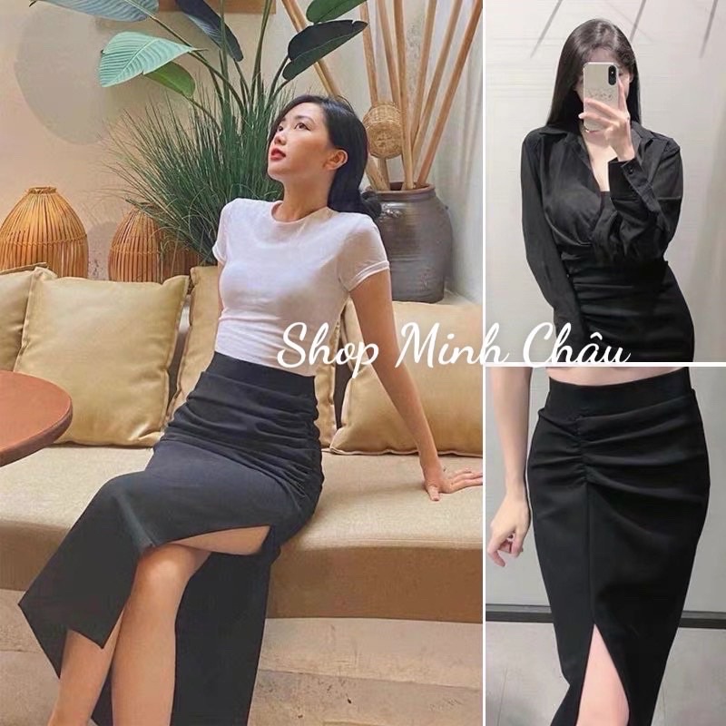(Sẵn) Chân váy midi đen xẻ đùi Zarraa dư sịn
