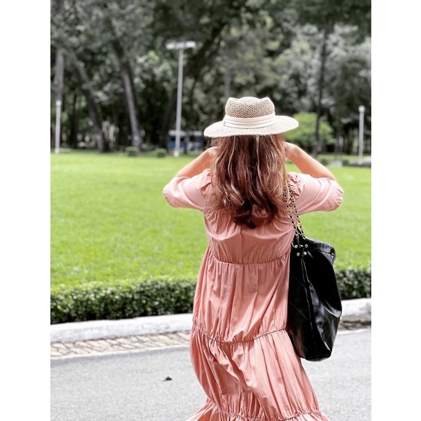 (HÀNG SẴN - ẢNH THẬT) Váy maxi ngắn tay cổ vuông, đầm dài cài nút tùy chỉnh freesize