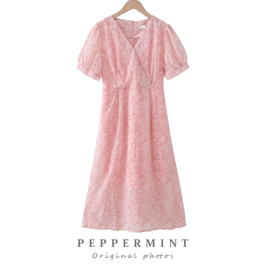 Đầm peppermint 44225 vải voan hoa dài cổ chữ V nhấn eo phong cách Hàn Quốc