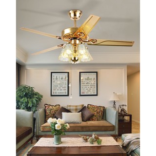 Quạt trần đèn Chùm trang trí mạ vàng Hiện Đại - Đèn quạt trần phong cách Hiện Đại phòng khách (5 cánh kim loại 132cm)