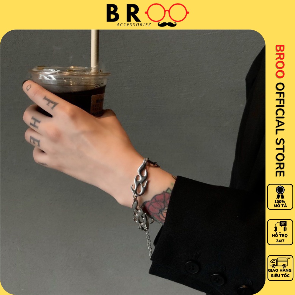 Vòng tay unisex chuỗi ngọn lửa BROO màu bạc đẹp, lắc tay titan hiphop cá tính cho nam nữ