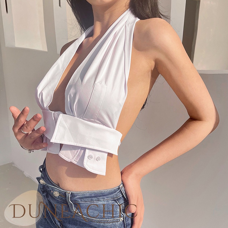 DUNEA Áo kiểu màu trơn thiết kế hở táo bạo quyến rũ
