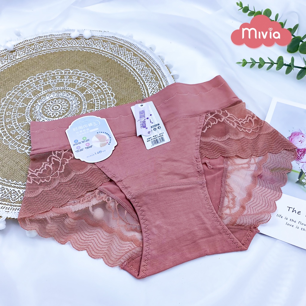 Quần lót nữ phối ren, quần lót cotton phối ren cạp cao gen bụng - freesize (v3:75-95cm)