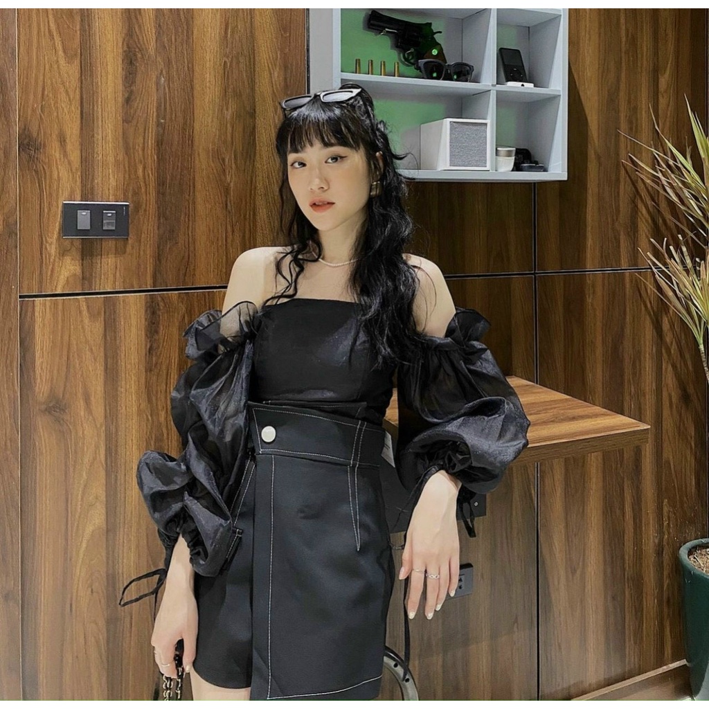 Set áo trễ vai mix chân váy đắp chéo ( dạng quần giả váy)