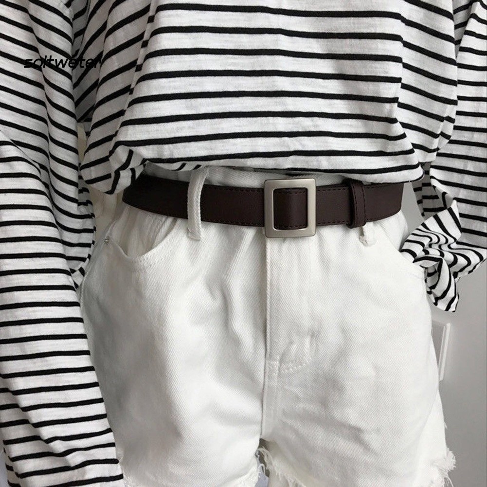 Dây thắt lưng da giả màu trơn khóa cài kim loại thời trang dành cho nữ