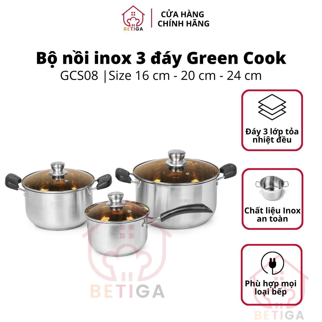 Bộ nồi inox cao cấp 3 đáy, nồi chống dính bếp từ Green Cook GCS08-T1