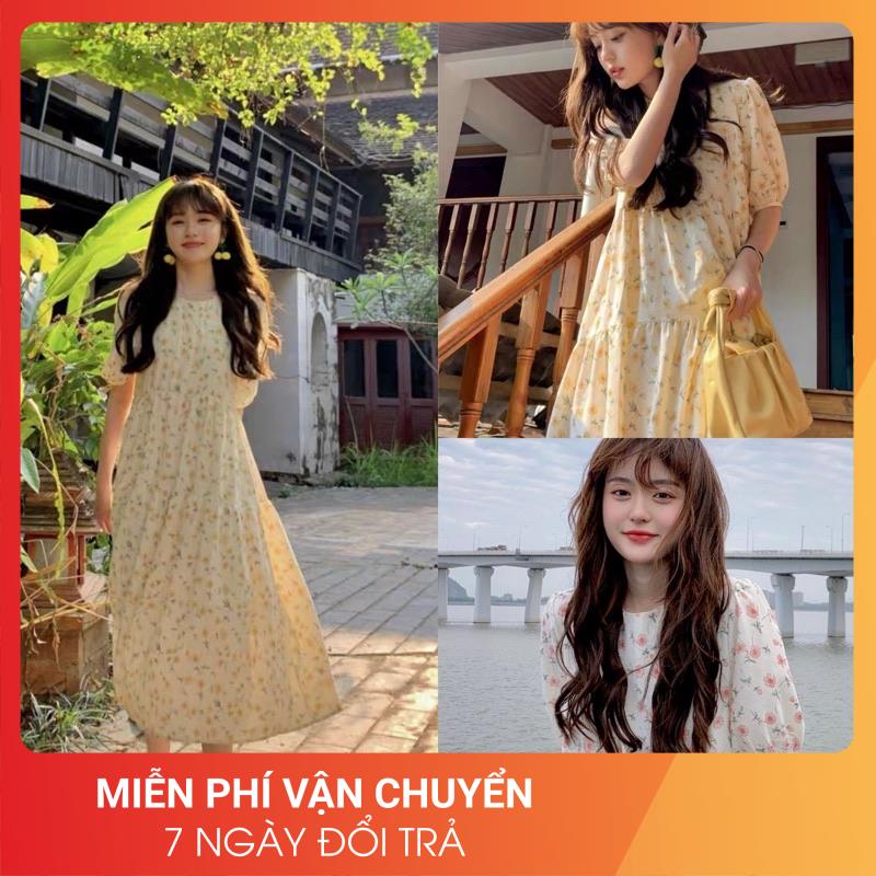Đầm Hoa Nhí Vàng Hồng 24AP Nữ  🌸 Váy midi dáng xòe dài bánh bèo tiểu thư mặc đi biển cá tính ulzzang 🌸