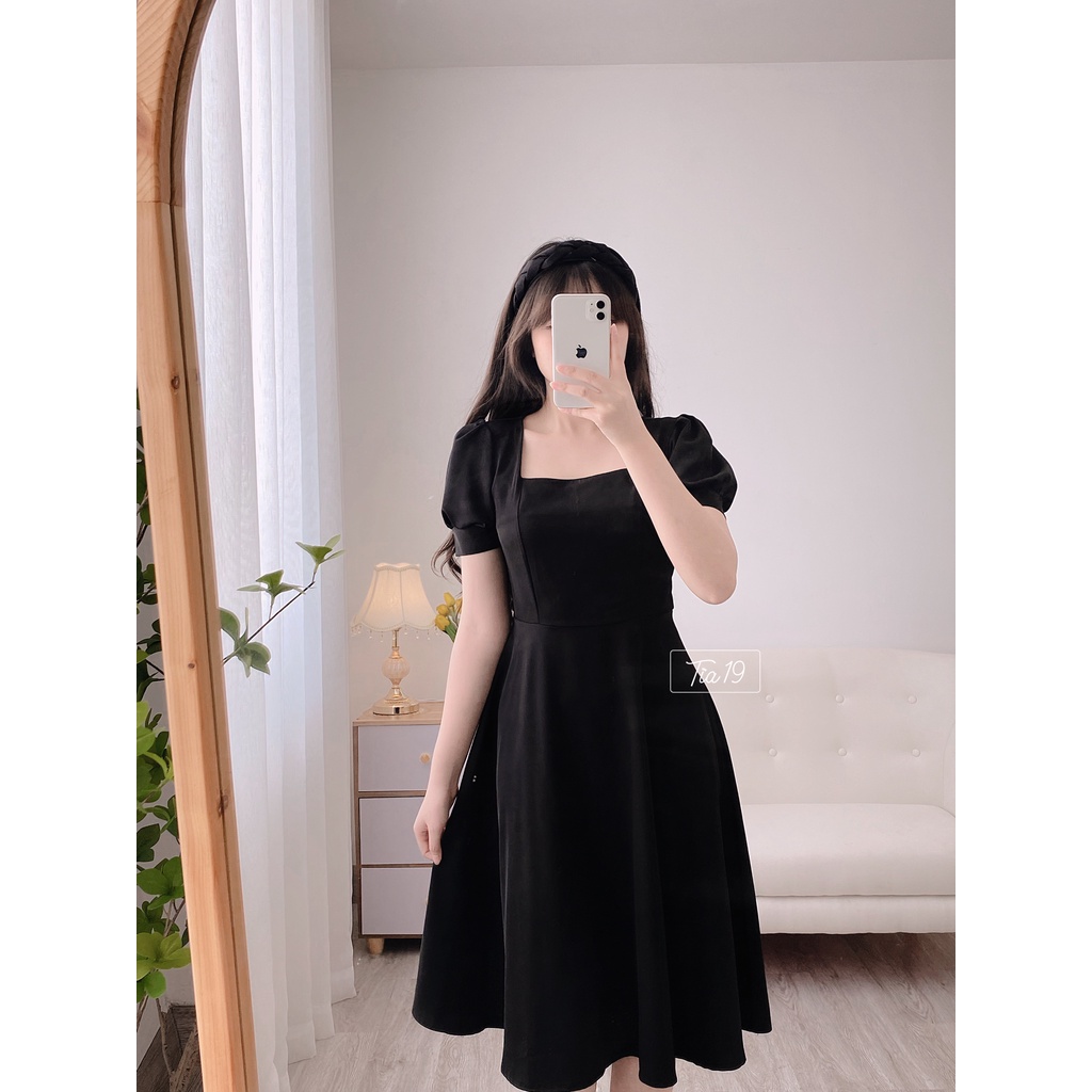 Váy vintage cổ vuông cộc tay Tia19. Đầm vintage cộc tay (ảnh thật).