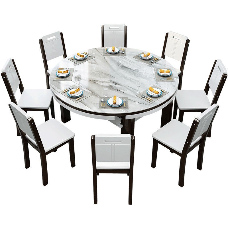 Bàn ghế ăn Chunhuaqiuyue kết hợp gia đình hiện đại đơn giản tròn gấp kính cường lực cho 6 người