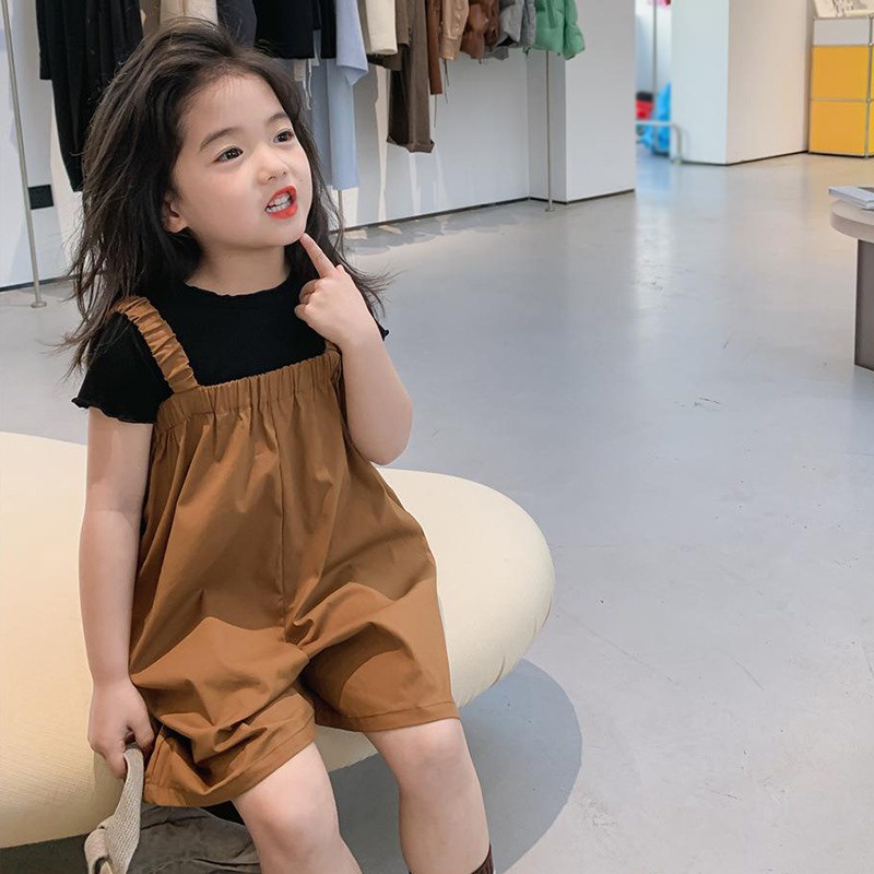 Set Áo Thun Ngắn Tay Cổ Tròn + Quần Yếm Phong Cách Hàn Quốc Cho Bé Gái