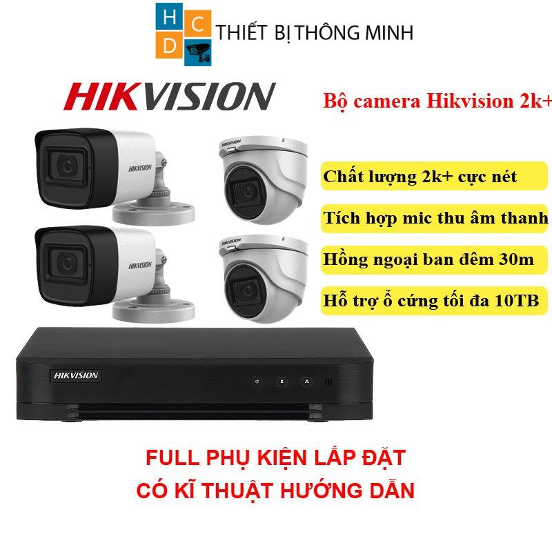 Bộ camera Hikvision 5mp 4 mắt chính hãng tích hợp mic thu âm chất lượng 2K+ tặng đầy đủ phụ kiện