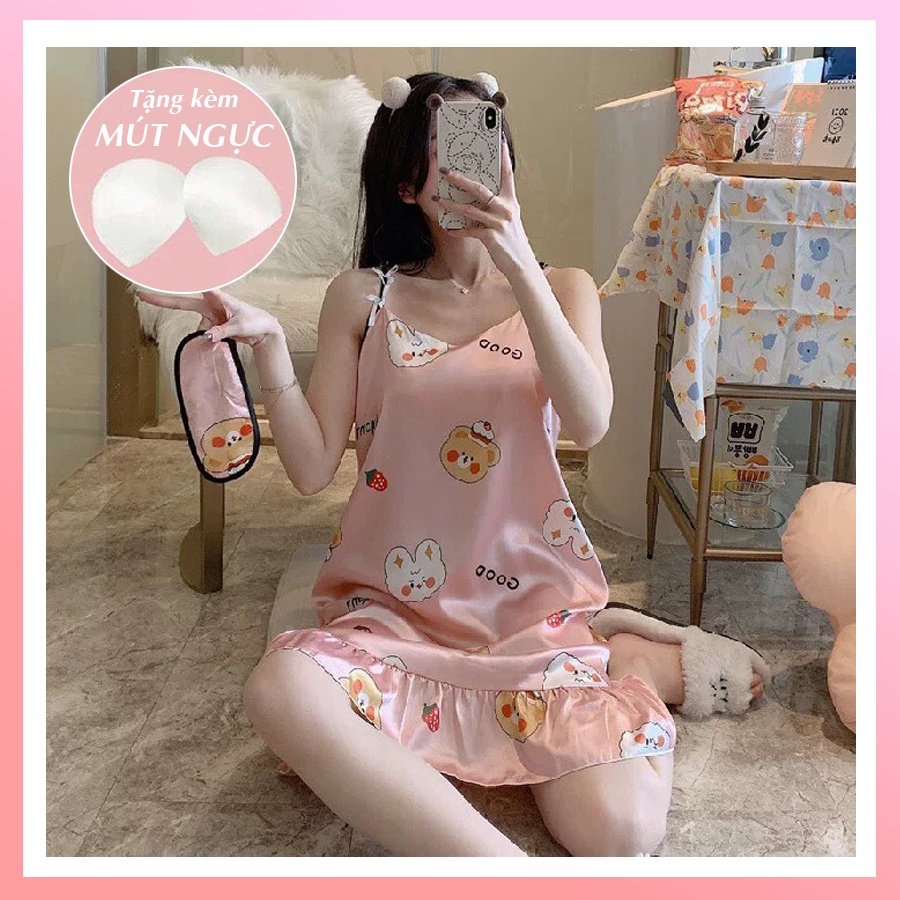 Váy ngủ hai dây đầm ngủ nữ sexy dễ thương bigsize chất lụa mềm mịn có đệm ngực đuôi xếp li kèm bịt mắt VN06