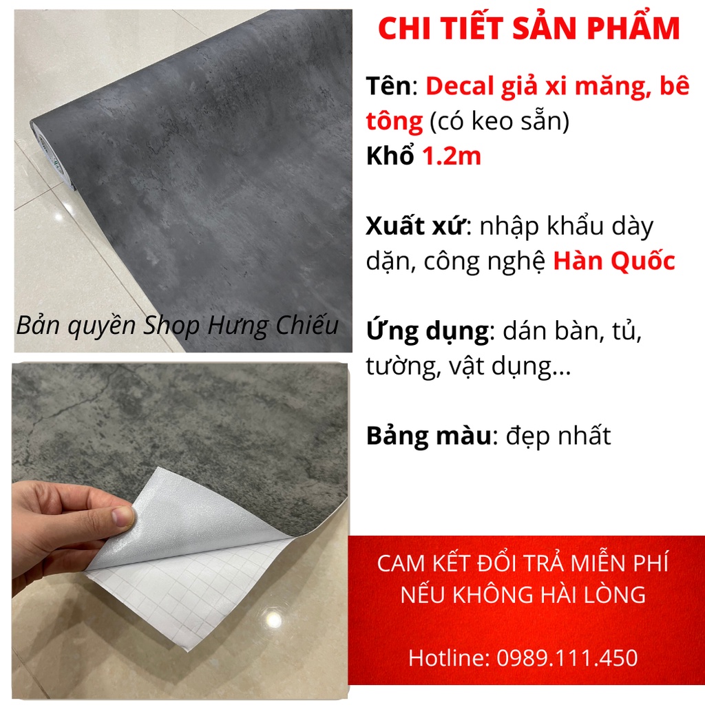 Giấy dán tường xi măng bê tông nhám có keo, decal giả xi măng chống thấm Hưng Chiếu