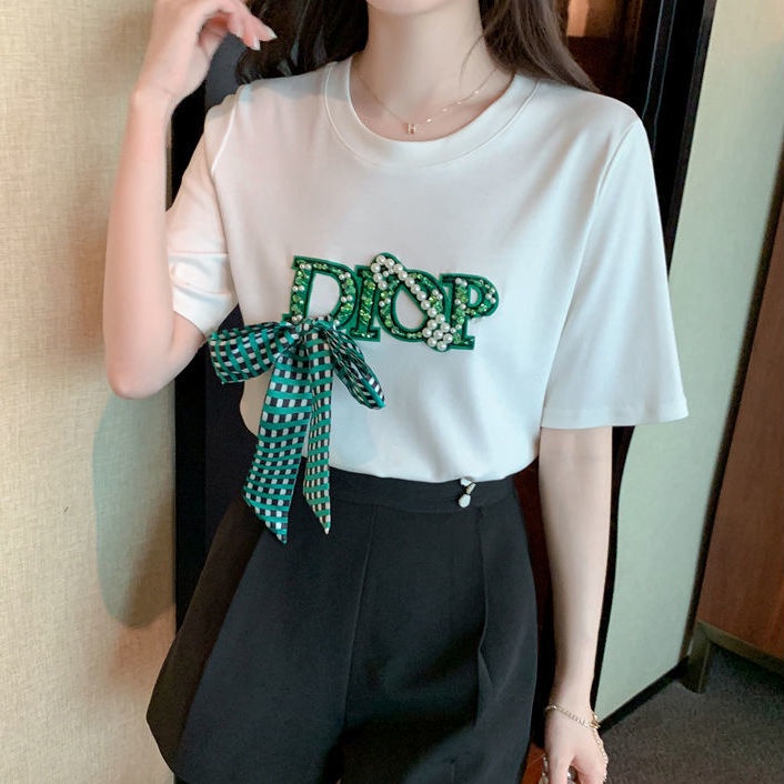 Áo thun nữ ngắn tay cổ tròn in chữ đính đá phong cách phương tây