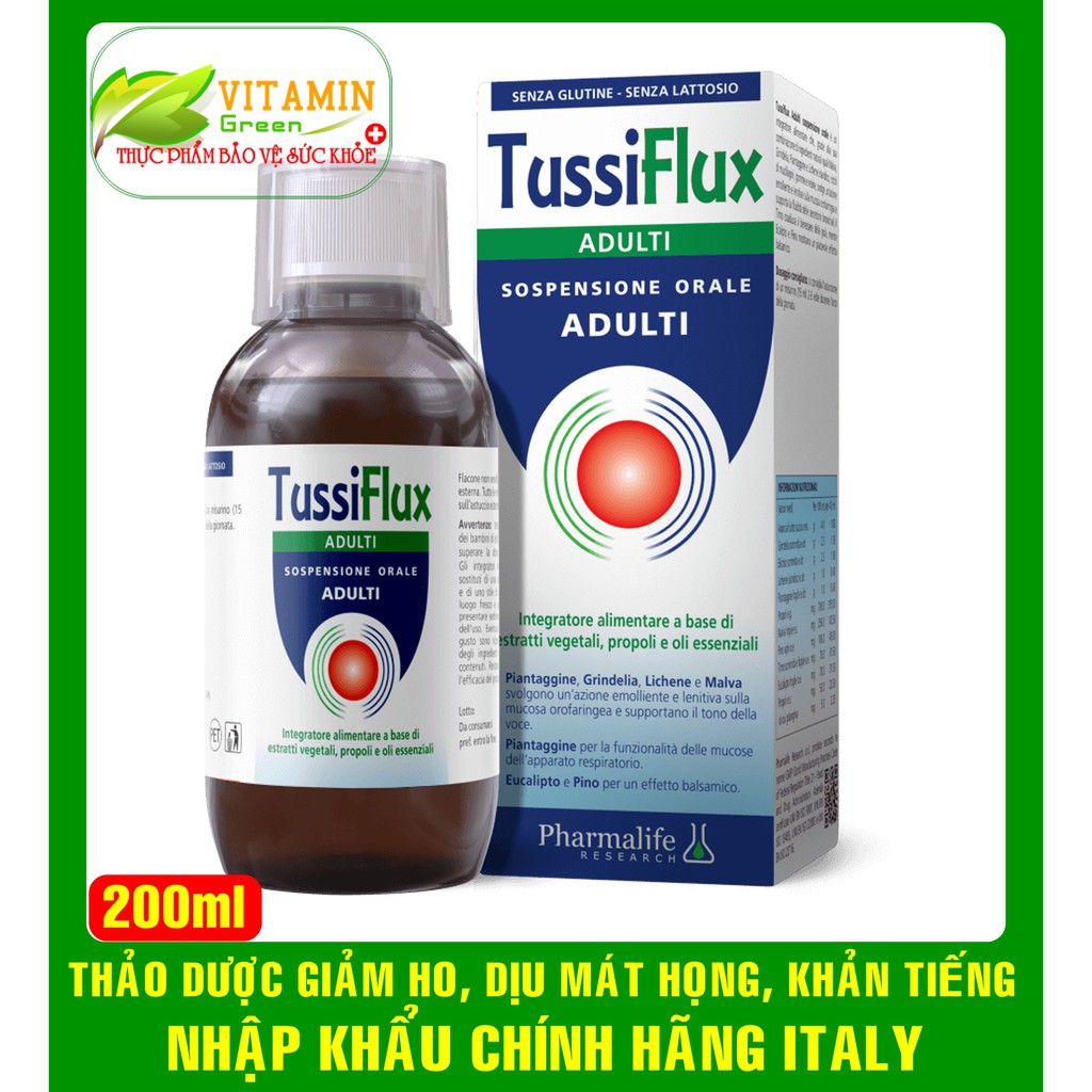 Tussiflux Adult THẢO DƯỢC GIÚP GIẢM HO, DỊU MÁT HỌNG, KHẢN TIẾNG CHO NGƯỜI LỚN | NHẬP KHẨU CHÍNH HÃNG ITALY