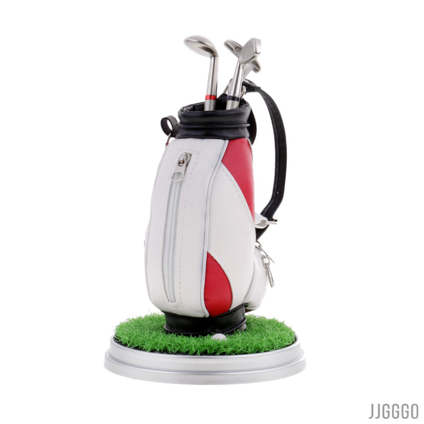 Desktop Golf Bag Pen Holder with Clock & Lawn Base & 3 Golf Club Pens Decor Souvenir