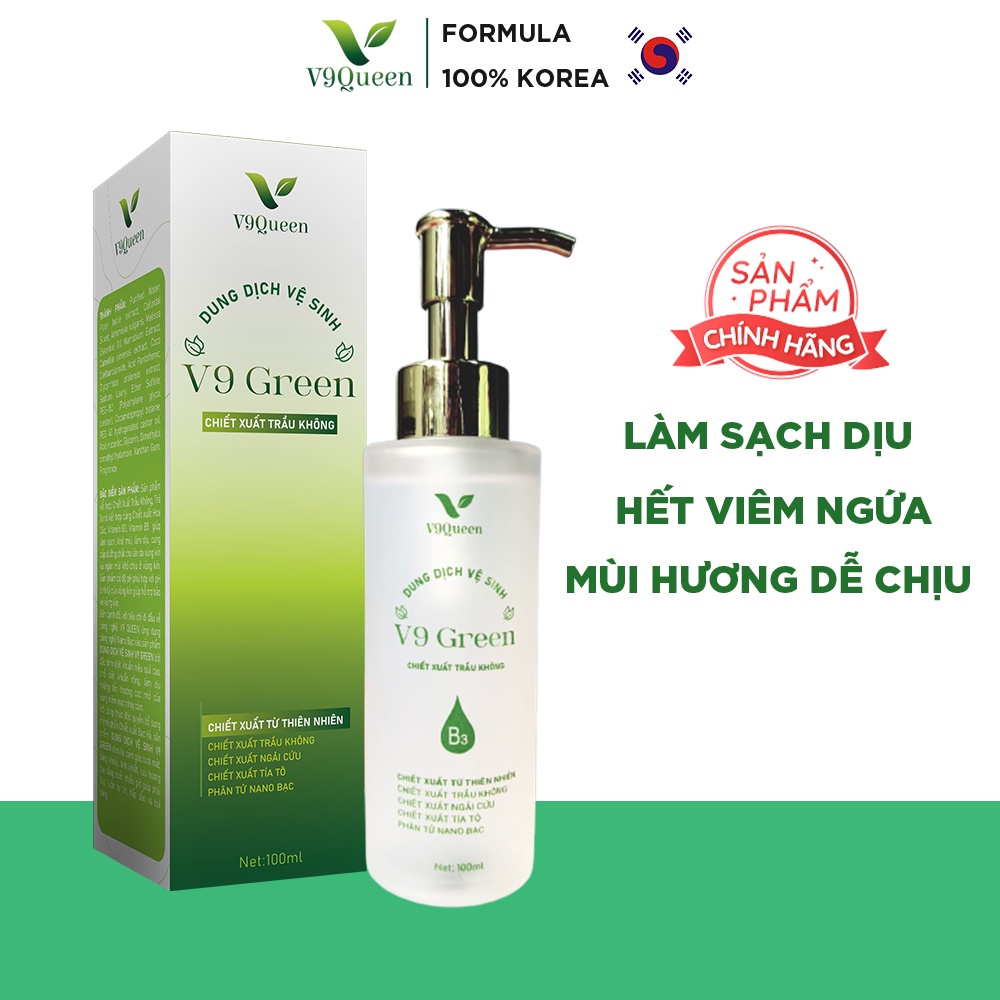 Dung Dịch Vệ Sinh Phụ Nữ V9Queen, Dung Dịch Vệ Sinh Mẹ Bầu Trầu Không, NANO Bạc, Tía Tô, Ngừa Viêm Giảm Ngứa V9 Green