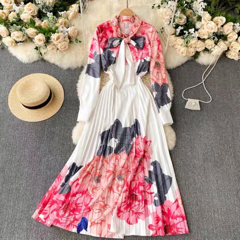 (Order) Liyu81 - Đầm dáng dài xếp li tay bồng hoạ tiết hoa