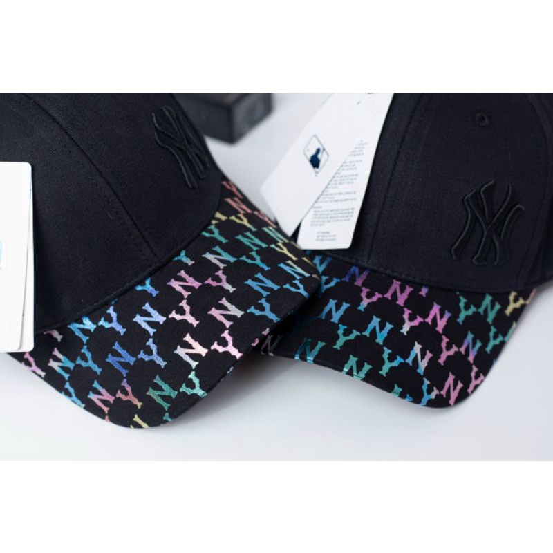 Nón lưỡi trai MLB monogram chất cotton Hàn Quốc cao cấp logo thêu nổi, nón kết màu đen