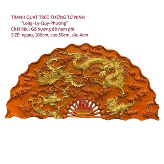 Tranh quạt gỗ phong thủy, long ly quy phượng