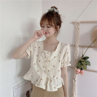 Áo kiểu tay phồng cổ vuông in họa tiết hoa xinh xắn thời trang cho nữ