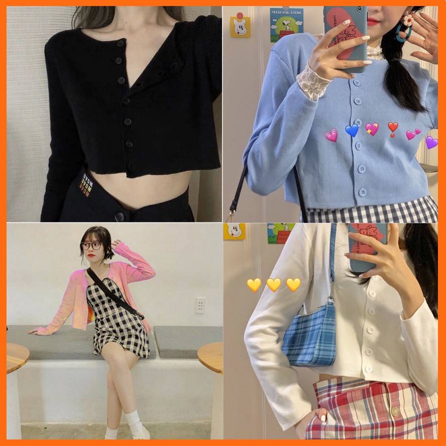 Áo croptop yan tay dài ulzzang Hus chất dày dặn phối cúc form kiểu ôm mang phong cách hiện đại CR01