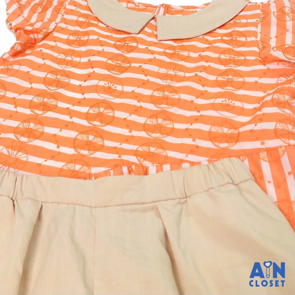 Bộ quần dài áo tay ngắn cho mẹ họa tiết Kẻ cam cotton thêu quần kem - AICDMEZSMTPY - AIN Closet