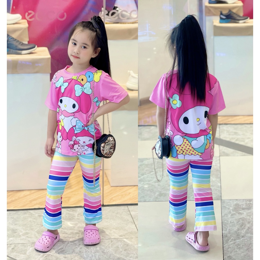 Đồ Bộ Cho Bé Gái 8-40 Kg Thun Lạnh 3D Set Quần Dài Ống Loe Áo Tay Ngắn Trẻ Em In Hoạt Hình Hot Trend Homie Kids