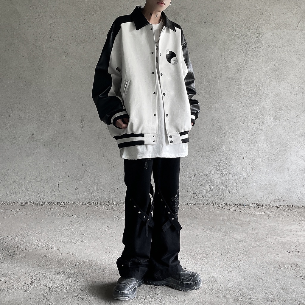 Áo khoác bóng chày bằng da PU phong cách đường phố cá tính thời trang Mỹ cho nam leather jacket